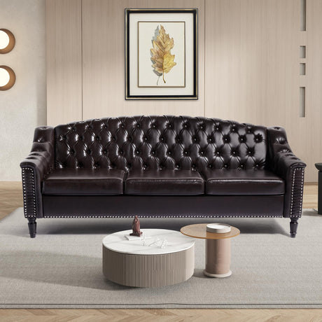 LEVNARY Mid-Century Modern Leather Couch, 80" Large Upholstered Sofa with High Back, Chesterfield Sofa Sleeper Settee with Solid Wood Legs, Tufted 3 Seater Wide Couches for Living Room Office (Brown) LEVNARY
