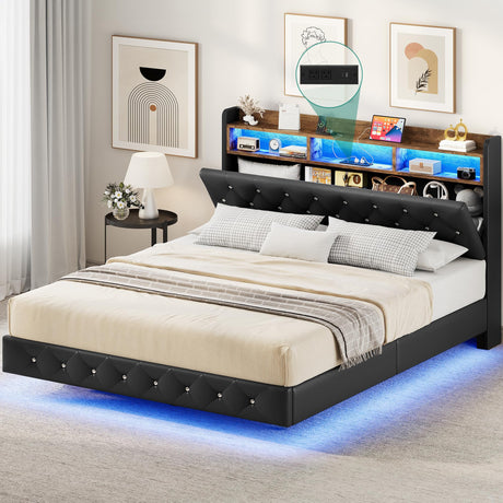YITAHOME Queen Floating Bed Frame with LED Lights and Storage Headboard, Black Faux Leather YITAHOME