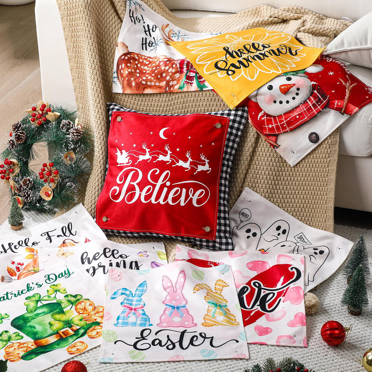 Set of 13 Seasonal Holiday Throw Pillow Covers 18 x 18 in with 12 Interchangeable Holiday Panels Christmas Thanksgiving Fall Xmas Winter Decorative Square Pillowcase for Farmhouse Sofa Home Decor Hahafelt