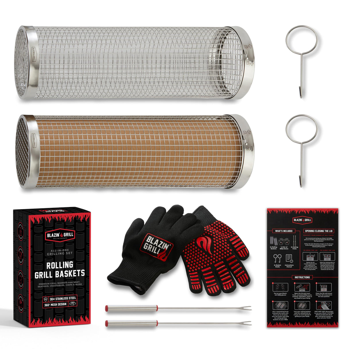 Blazin' Grill Rolling Grill Basket | Rolling Grilling Baskets for Outdoor Grilling 2 Pcs | Barbecue Grill Set with BBQ Gloves | Portable Camping Net Rack Perfect for Vegetables, Seafood & Meat | BLAZIN' GRILL