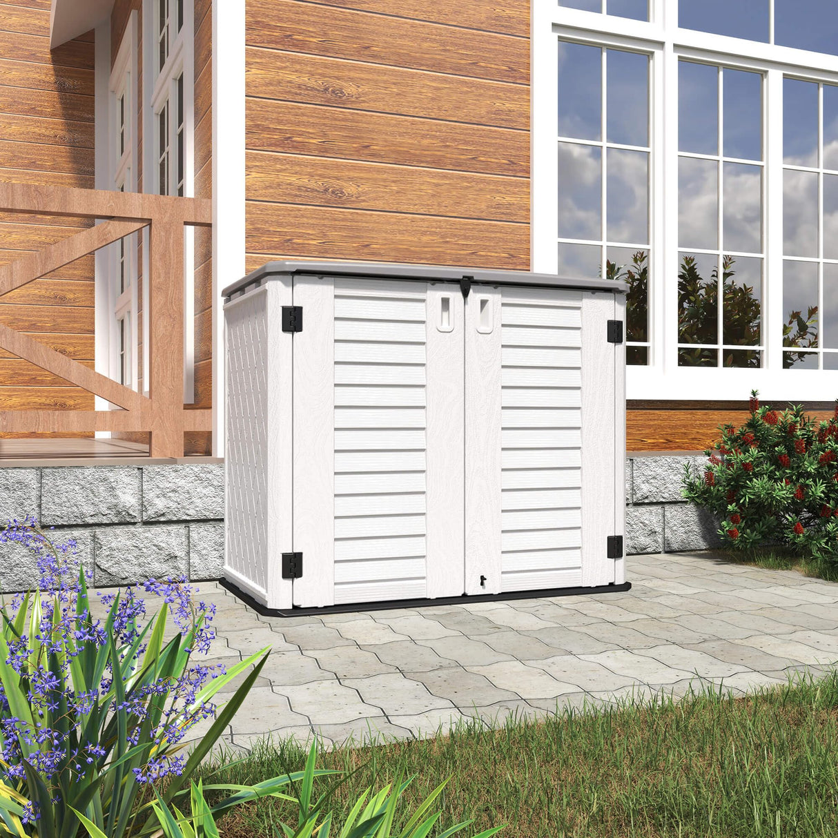 HOMSPARK Storage Shed Weather Resistance, Multi-Purpose Outdoor Storage Cabinet for Backyards and Patios, Horizontal Storage Shed for Lawnmower, Patio Accessories (White 1, Large - 26 cu.ft) HOMSPARK
