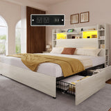 YITAHOME King Bed Frame with Bookcase Headboard and 4 Storage Drawers, RGB LED Bed with Type-C & USB Charging Station Storage Headboard Bed Frame, No Box Spring Needed, Noise Free, Antique White YITAHOME