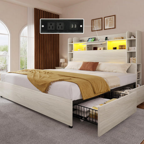 YITAHOME King Bed Frame with Bookcase Headboard and 4 Storage Drawers, RGB LED Bed with Type-C & USB Charging Station Storage Headboard Bed Frame, No Box Spring Needed, Noise Free, Antique White YITAHOME