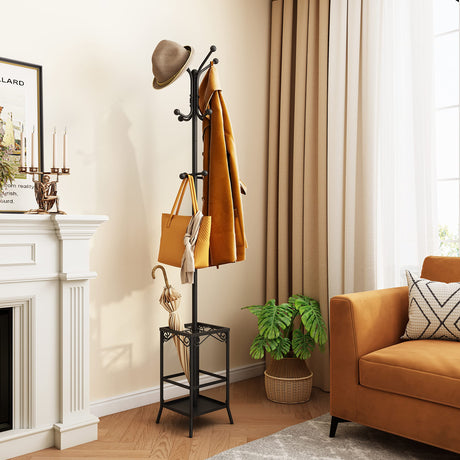 Hoctieon Coat Rack Freestanding,Entryway Hanger Stand,Umbrella Holder,Hall Tree With 12 Hooks, Floor Standing Metal Tree Stand, Black Hoctieon