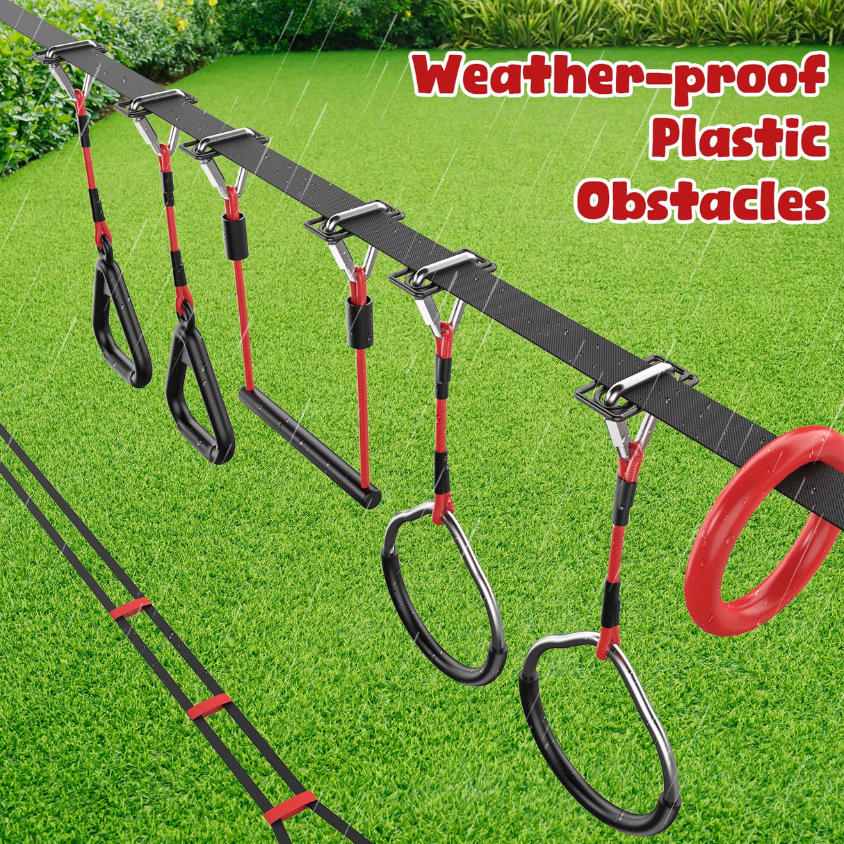 Hapfan Ninja Warrior Obstacle Course for Kids with Rickety Bridge, 50 FT Slackline Kit with Weather-Proof Obstacles, Outdoor Jungle Gym Climbing Toys for Backyard Hapfan