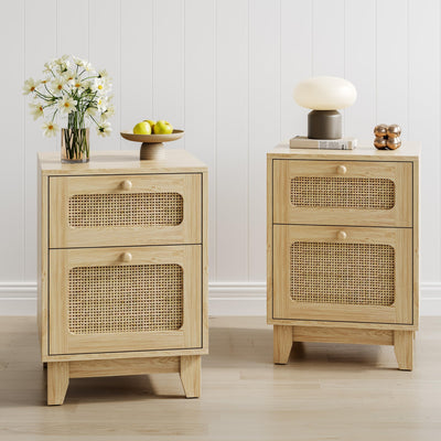 Callales Modern Wicker Rattan Stand Set of 2,Rattan Stand with Drawer and Charge Station, Wooden Side End Table for Small Spaces, Natural Wood BedsideTable for Bedroom,Easy Assembly