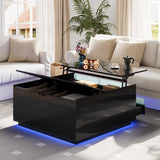 High Gloss Coffee Table with Storage,Black Square Lift Top Coffee Tables with LED & Flip Lid, Small Modern Coffee Table for Living Room with Drawer HAIOOU
