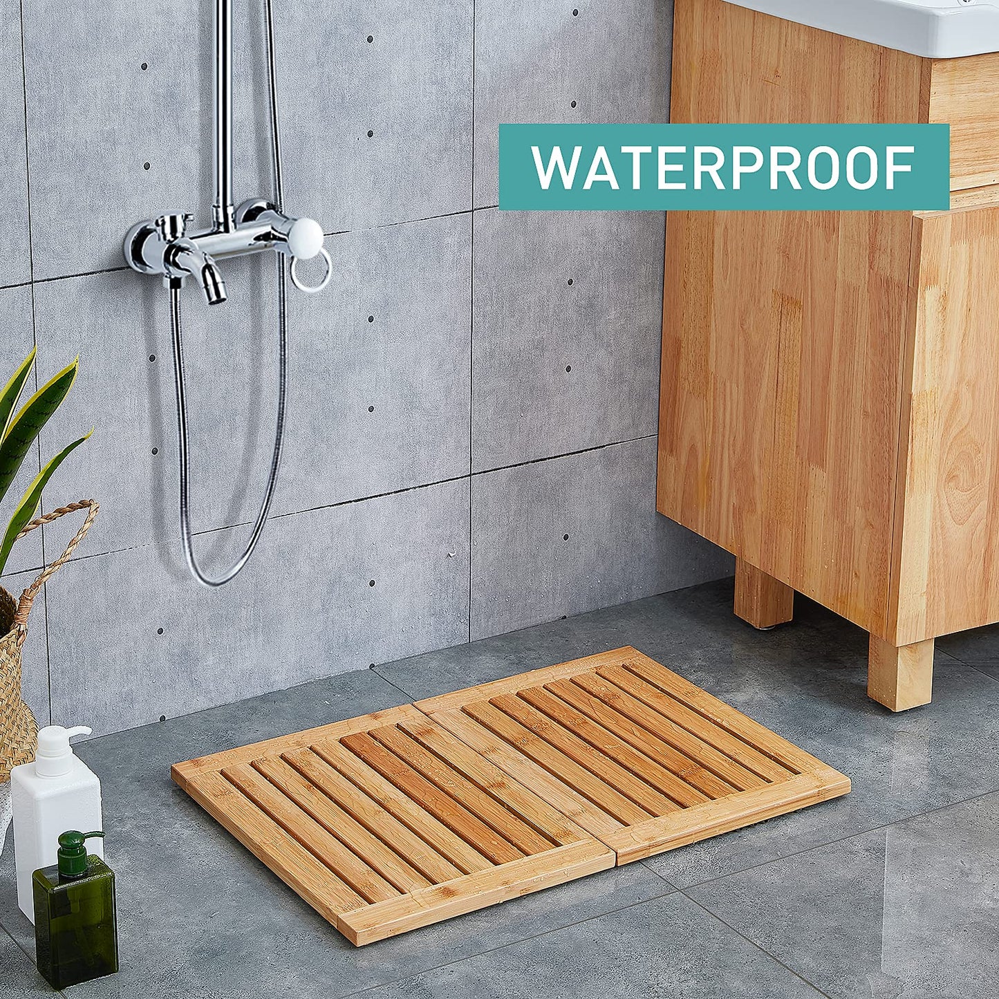 Waterproof Bamboo Bath Mat for Shower, Foldable | Non-Slip | Heavy Duty, Wooden Bath Mat, Floor Mat and Doormat for Indoor Outdoor, 23.4in x 15.6in - WoodArtSupply