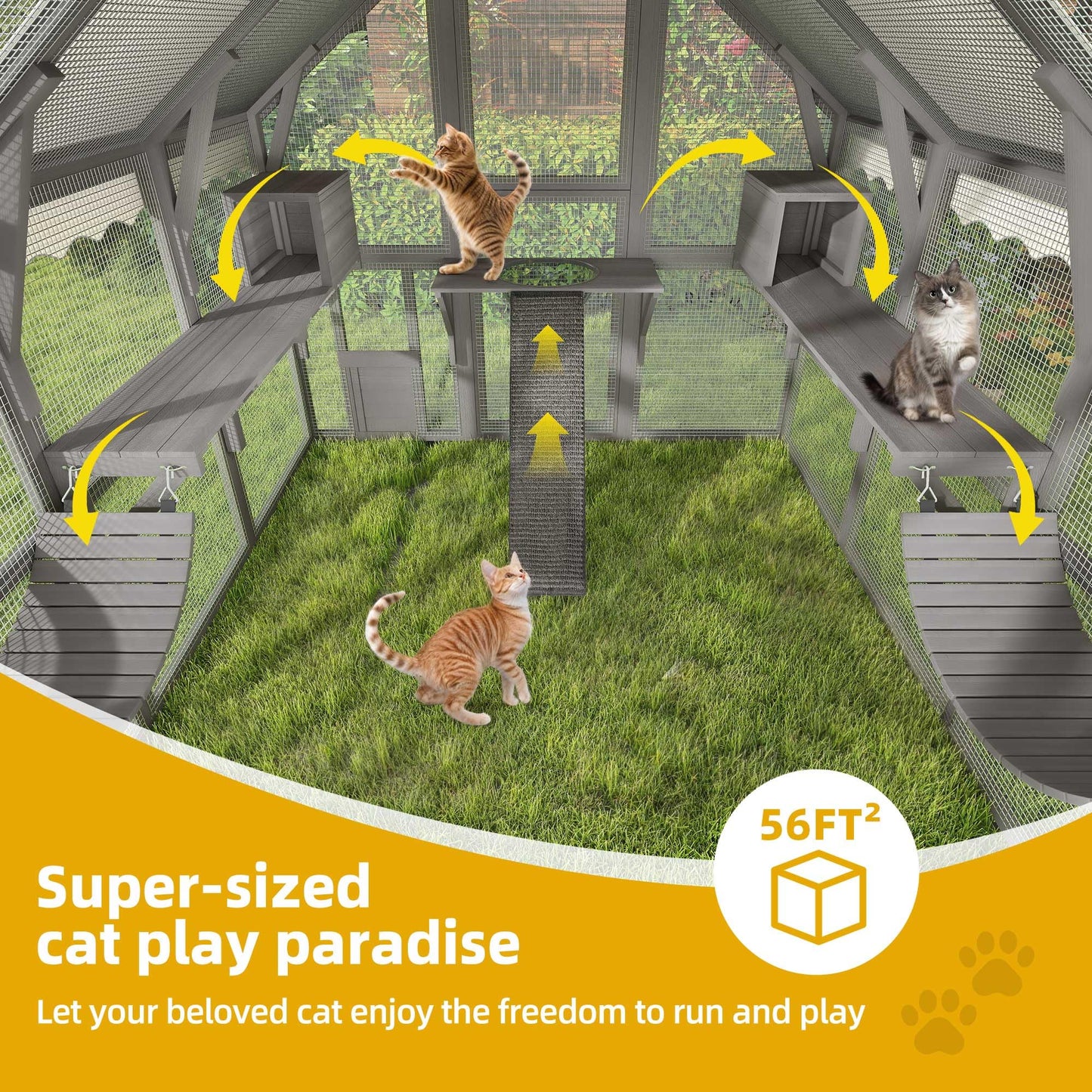 DWVO Extra Large Catio Outdoor Cat Enclosure, 110 inch Outside Cattery with Weatherproof Roof, Cat Scratcher Ramp, Cat Space Capsule Bed, 2 Bridges, 2 Resting Houses, 7 Platforms - WoodArtSupply