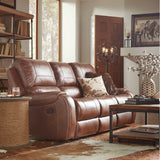 Roundhill Furniture Achern Leather Air Nail head Manual Reclining Sofa with Storage Console, Brown Roundhill Furniture