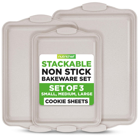 NutriChef 3 Piece Nonstick Cookie Sheets for Baking - Premium Carbon Steel Baking Pans with White Silicone Handles - Even Heat Distribution, PFOA/PFOS/PTFE Free, Easy to Clean - Cream Marble, NCBKT3CM NutriChef