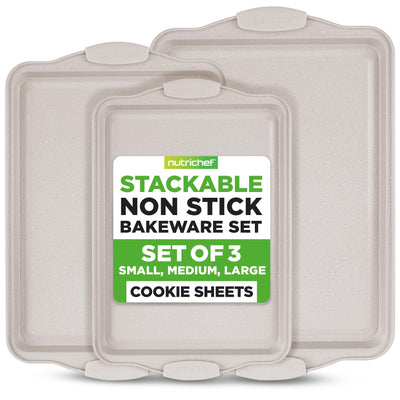 NutriChef 3 Piece Nonstick Cookie Sheets for Baking - Premium Carbon Steel Baking Pans with White Silicone Handles - Even Heat Distribution, PFOA/PFOS/PTFE Free, Easy to Clean - Cream Marble, NCBKT3CM