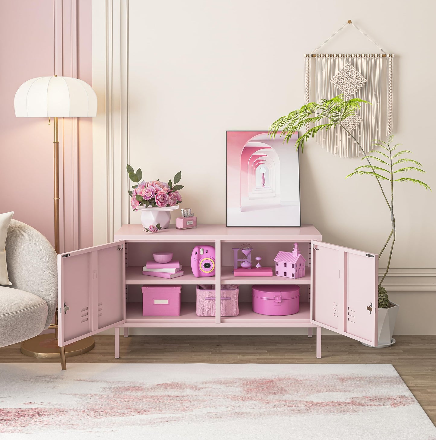 Aiasuit TV Stand Multifunctional Metal Storage Cabinet 2-Tier Shelf Thick Plate Material Support Sturdy Metal Sideboard Adjustable Storage Cabinet Pink Size: 23.62”H x 39.37”W x 14.96”D