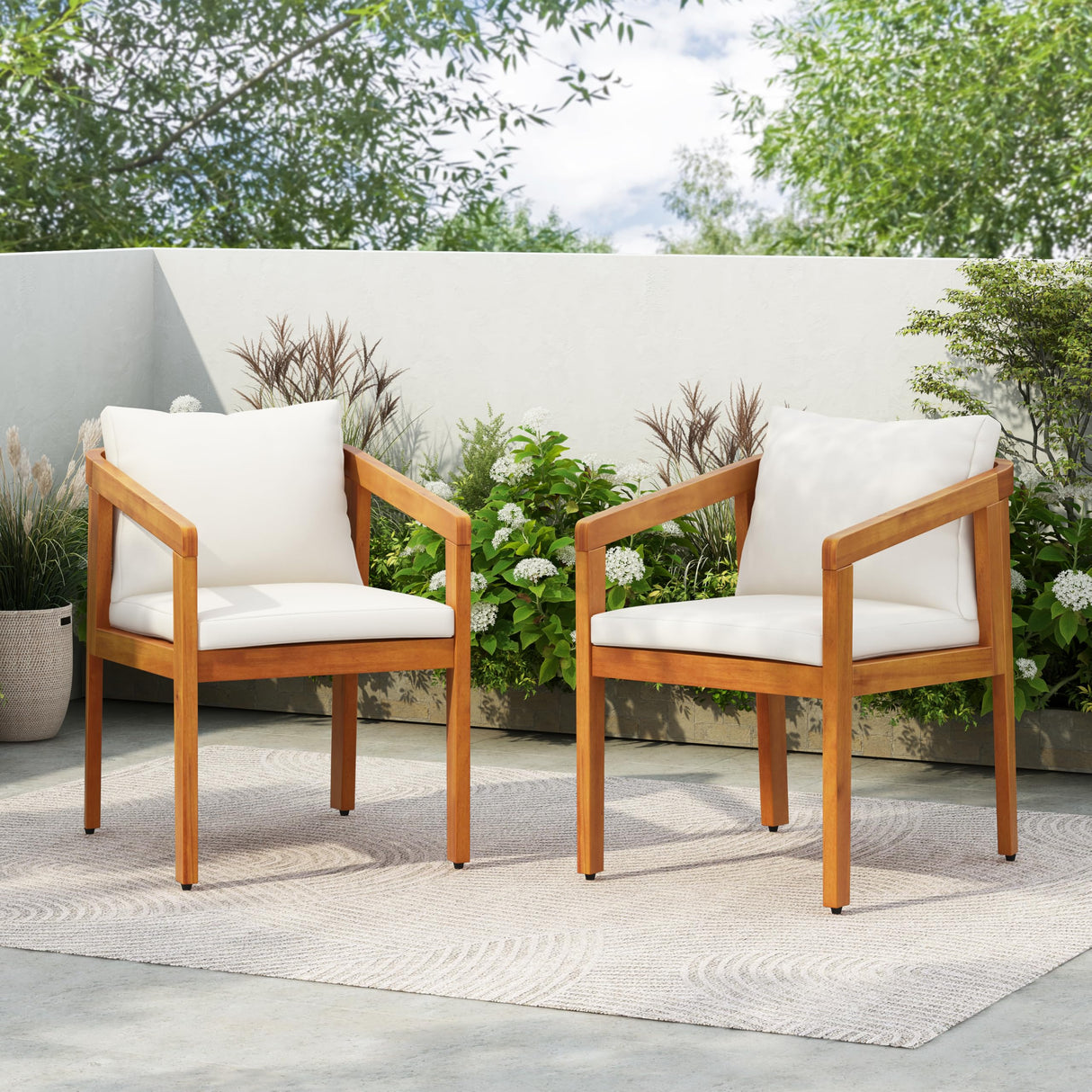 Christopher Knight Home Lucid Set of 2 Outdoor Dining Chair, Acacia Wood Frame Dining Chairs, Accent Chair Set with Comfortable Cushions, Patio Armchair for Backyard Poolside Garden, Natural + Beige Christopher Knight Home