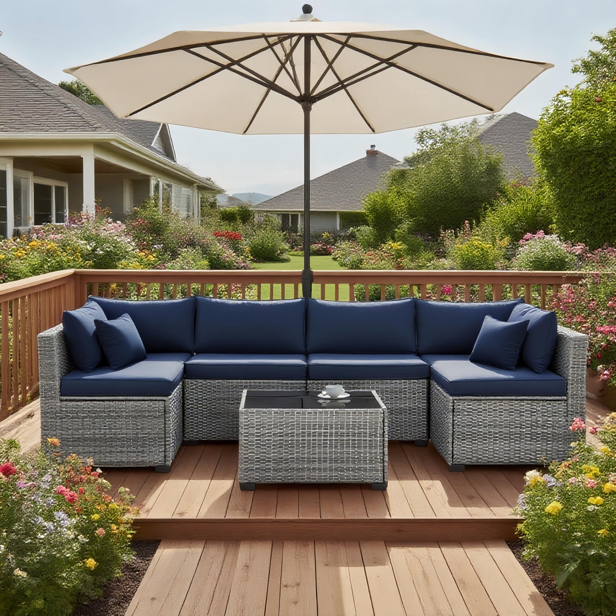 XTWEEX 7-Piece Outdoor Rattan Sectional Sofa Set, Gray Wicker Patio Furniture Sets with Navy Blue Cushions for Balcony, Porch, Backyard XTWEEX