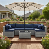 XTWEEX 7-Piece Outdoor Rattan Sectional Sofa Set, Gray Wicker Patio Furniture Sets with Navy Blue Cushions for Balcony, Porch, Backyard XTWEEX