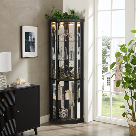 extrasleep Lighted Corner Curio Cabinet - Elegant Glass Display Case for Living Room & Bar Storage - Perfect for Antique Collections & Wine - Includes Built-in Lighting - Black extrasleep