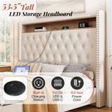 Jocisland King Size Bed Frame 53.6'' Tall Storage Headboard with LED Lights & Charging Station, Velvet Upholstered Button Tufted Wingback Platform Beds, No Box Spring Needed, USB Ports, Cream Jocisland