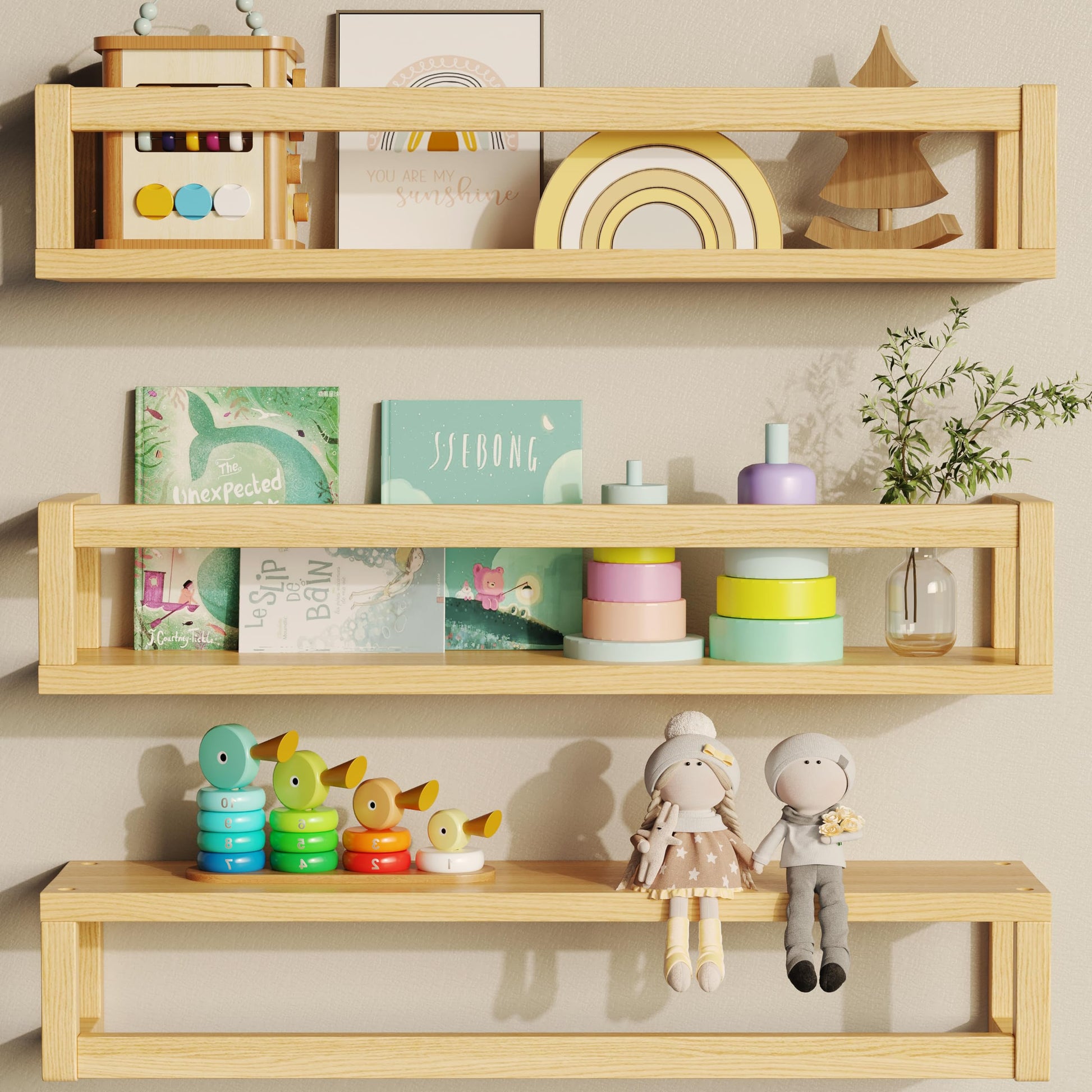 TidyCorner Natural Wood Floating Shelves Set of 3 for Kids Room, Nursery & Kitchen Organisation - WoodArtSupply