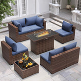 UDPATIO Outdoor Patio Furniture Set with Fire Pit Table, 8 Piece Outdoor Sectional Sofas, All-Weather Wicker Patio Conversation Set for Garden, Backyard Navy Blue UDPATIO