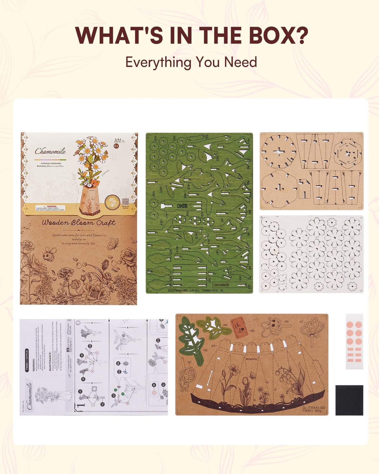 Wowood 3D Flower Wooden Puzzles for Adults-Chamomile, DIY Wooden Flowers Model Kit Building Set Crafts for Adults to Build, Botanical Collection/Ideal Creative Gift Ideas/Housewarming (101PCS) Wowood