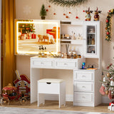 PAKASEPT Vanity Desk with Sliding Mirror and Lights, 44" Makeup Vanity Table with Glass Top, 5 Drawers, Storage Cabinet, 2 Hidden Storage Shelves, Charging Station & Stool Set for Bedroom, White PAKASEPT