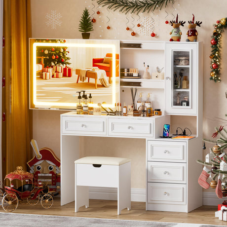 PAKASEPT Vanity Desk with Sliding Mirror and Lights, 44" Makeup Vanity Table with Glass Top, 5 Drawers, Storage Cabinet, 2 Hidden Storage Shelves, Charging Station & Stool Set for Bedroom, White PAKASEPT
