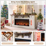 OKD Fireplace TV Stand for 80 Inch TV - Farmhouse Entertainment Center with 42" Electric Fireplace & LED Lights, Wood Media Console with Storage Drawers & Cabinets for Living Room, Antique White OKD