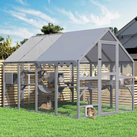 Large Catio Outdoor Cat Enclosure, 53.5ft² Extra Large Outdoor Catio for Multiple Cats, Big Wooden Walk-in Outside Cattery Cat Run with Weatherproof Full Cover, Window Access Avaliable, Grey COZIWOW
