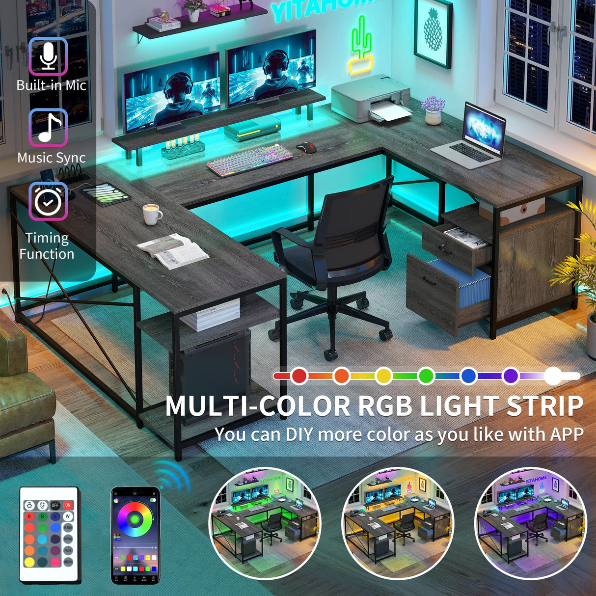 YITAHOME U Shaped Desk with Power Outlets & LED Lights, 79" Reversible L Shaped Desk with Drawers, Corner Computer Desk Office Desk with Monitor Stand & Storage Shelves, Grey YITAHOME