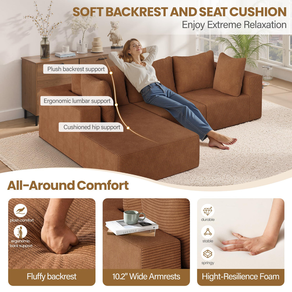 108" Modular Sectional Sofa with Oversized Chaise & Deep Seat, Comfortable High-Density Memory Foam Boneless Cloud Couch, No Assembly Required Sectional Couches for Living Room, Bedroom (Brown) Sesslife