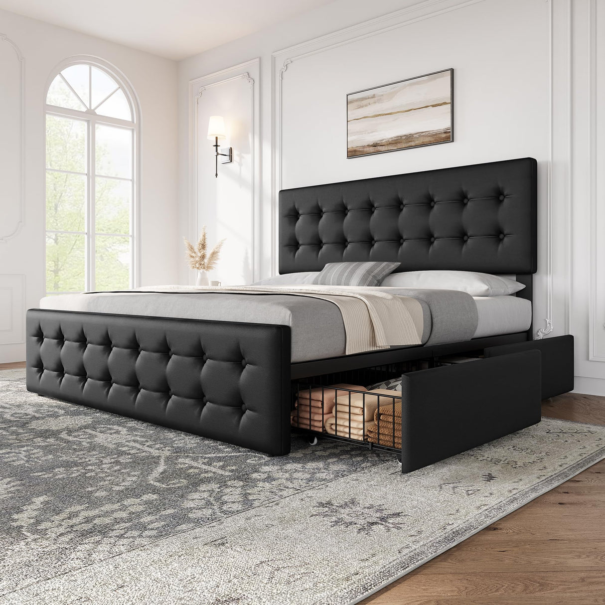 GarveeHome King Size Bed Frame with 4 Storage Drawers and Faux Leather Upholstered Headboard, Wooden Slats Support, Button Tufted Design, No Box Spring Needed, Black GarveeHome