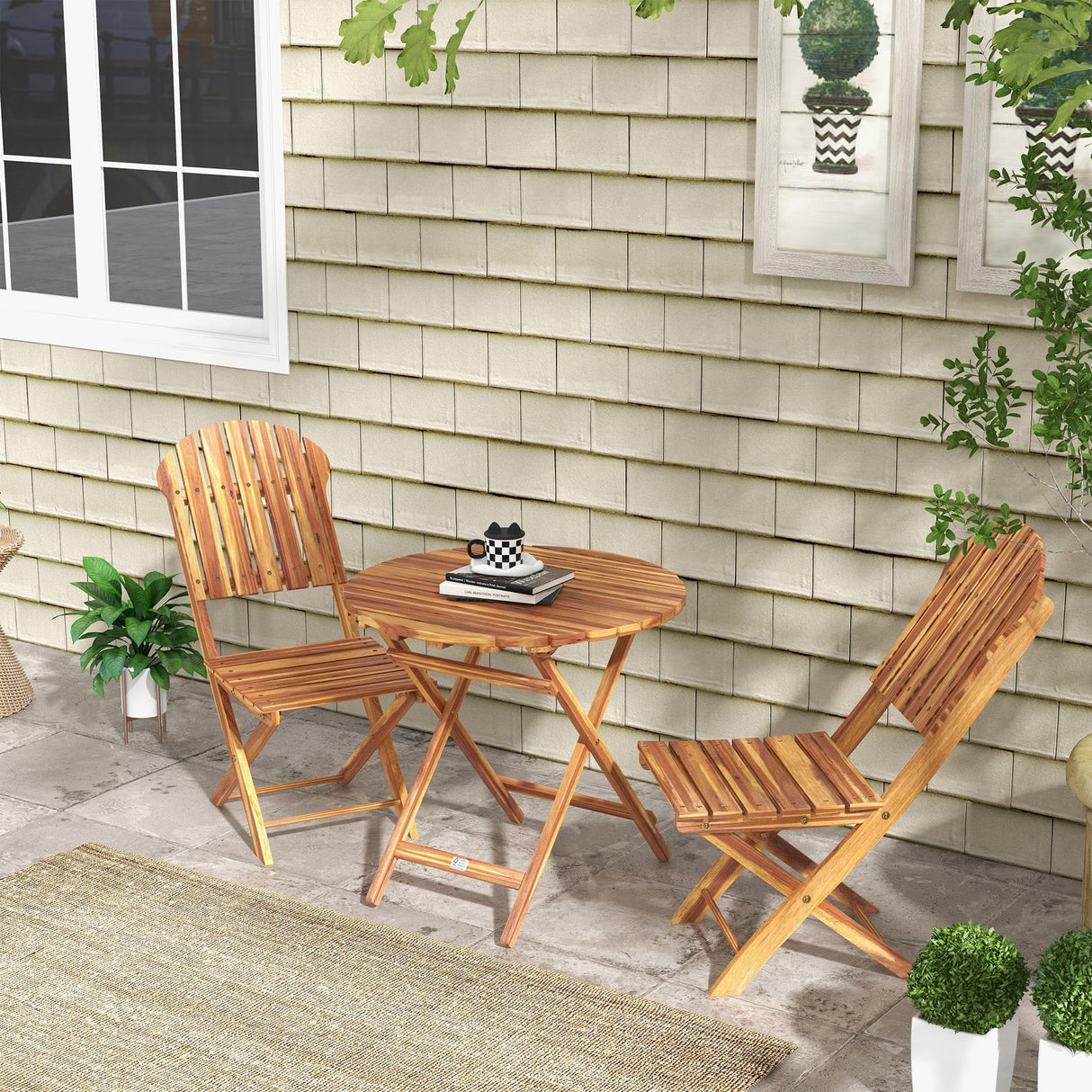 Outsunny 3-Piece Acacia Wood Bistro Set, Foldable Bistro Table and Chairs, Outdoor Bistro Set for Garden, Backyard, Balcony, Deck, Porch, Natural Wood Finish Outsunny