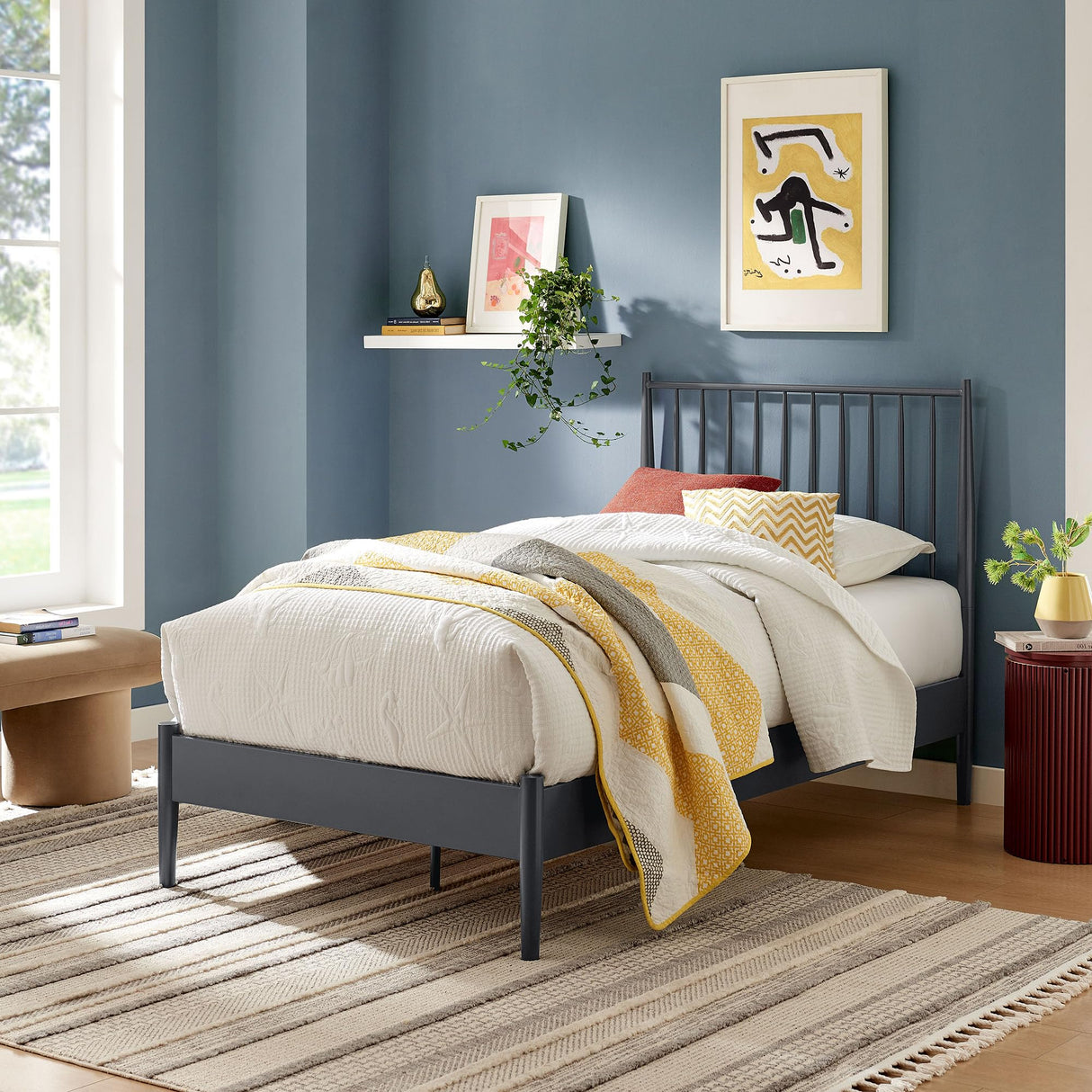 Modway Adair Twin Metal Platform Bed Frame with Spindle Headboard – Classic Modern Farmhouse Mattress Foundation with Wood Slat Support, No Box Spring Needed Modway