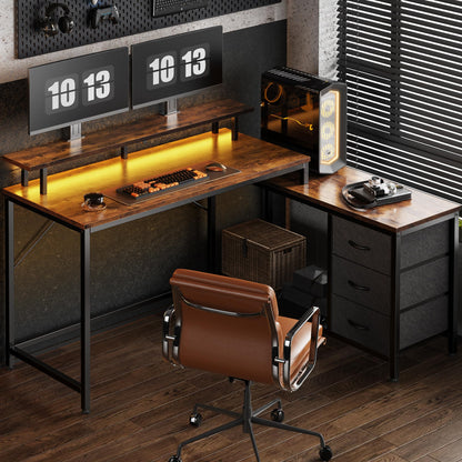 Huuger Rustic Brown Reversible L Shaped Gaming Desk with LED Lights and Storage Drawers - WoodArtSupply