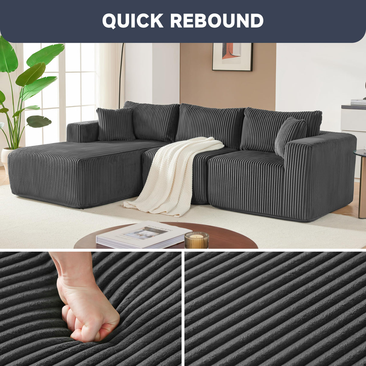 97" Boneless Couches for Living Room, Cloud Couch Sectional with Deep Seat, Comfy Couch with L-Shaped Chaise, Minimalist Upholstered Modular Sectional Sofa, No Assembly Required (Corduroy,Grey) Huatean Home