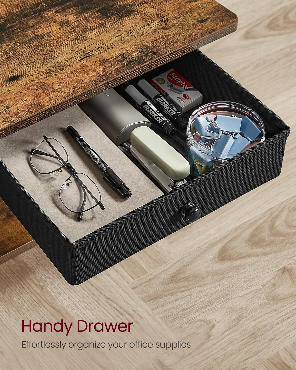 VASAGLE Printer Stand, Under Desk Printer Stand with Wheels, Drawer with Divider, Bottom Shelf, Fits Inkjet, Laser, Photo, All-in-One Printers, Home Office, Rustic Brown and Ink Black UOPS004B01 VASAGLE