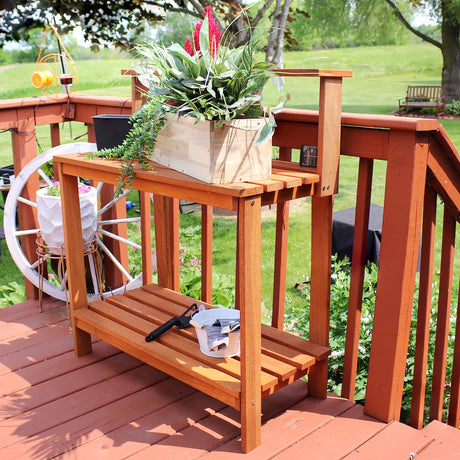 Sunnydaze 42-Inch Meranti Wood Outdoor Potting Bench with Storage Shelf - Teak Oil Finish Sunnydaze