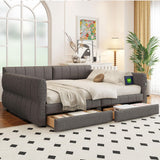 Queen Daybed with USB and 2 Drawers, Upholstered Corner Bed Queen with Storage for Living Room, Gray RuiSiSi