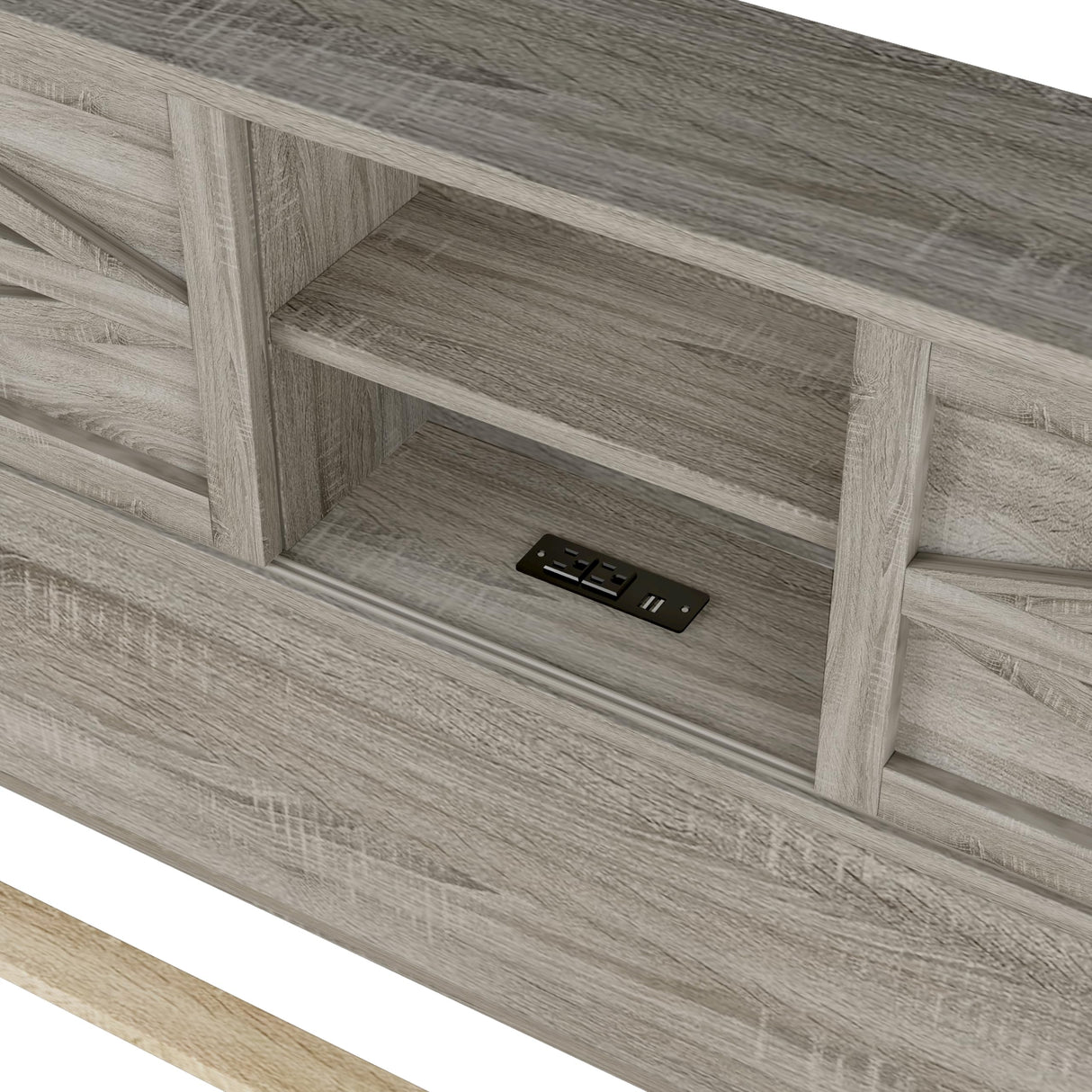 Farmhouse Full Size Bed Frame with Charging Station, Adjustable Headboard Shelves, and Sliding Barn Doors in Antique Gray Bellemave