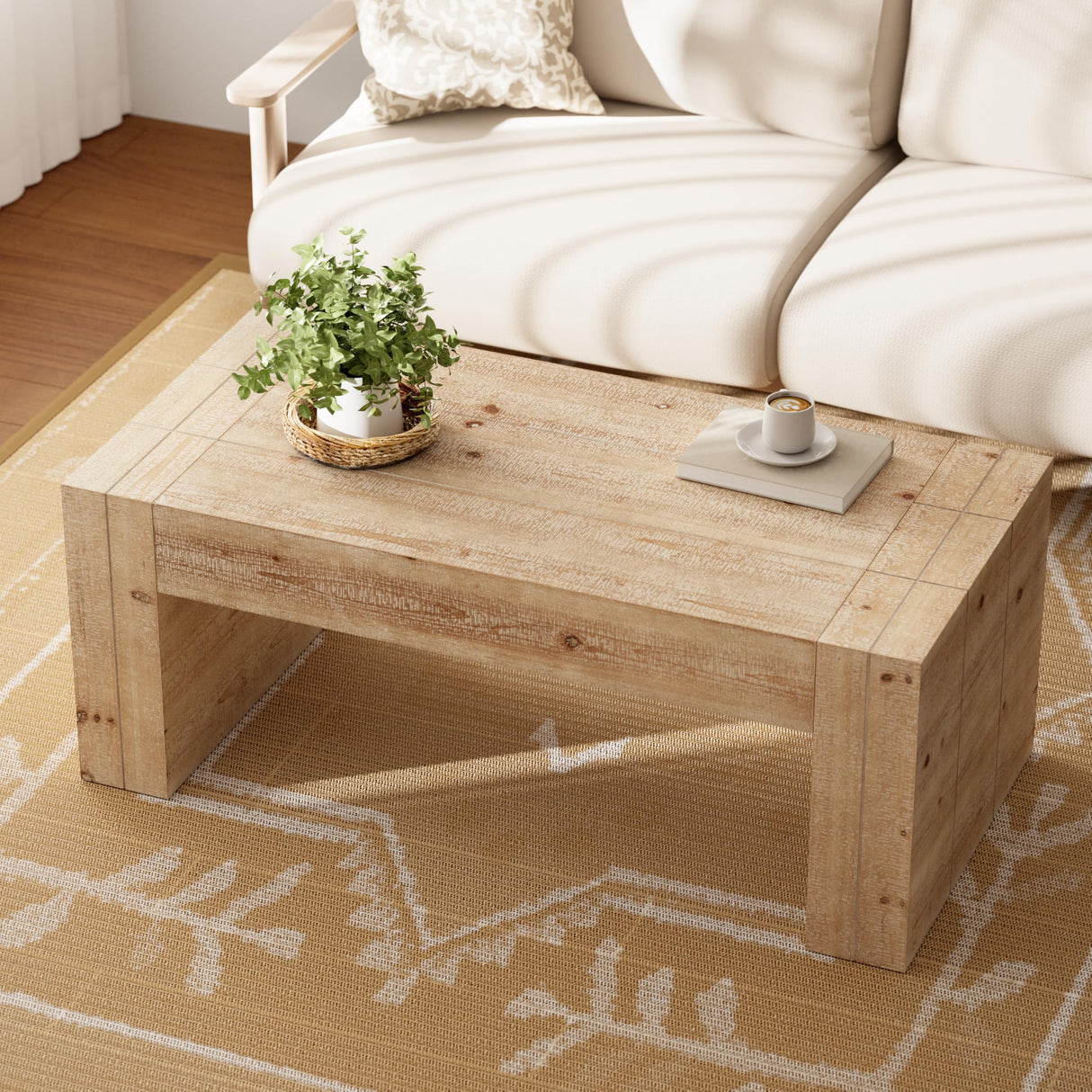 COZAYH Modern Rustic Wood Coffee Table with Thick Legs, Rectangular Living Room Center Table, Natural Finish Design, Sturdy Farmhouse Style for Home Decor, Office, Brown COZAYH