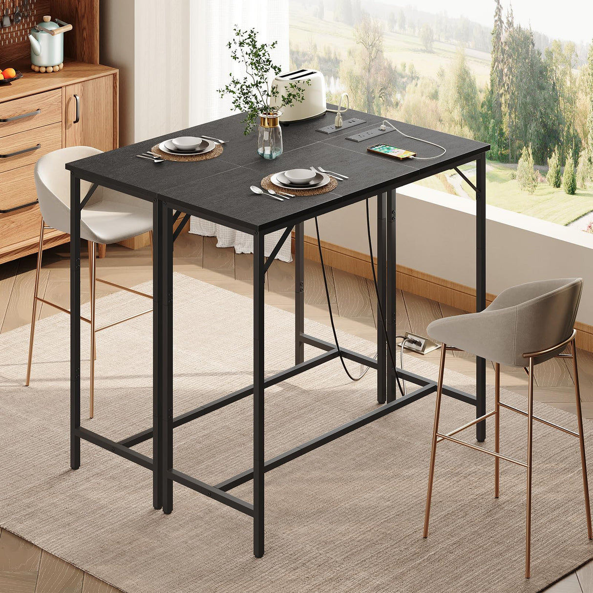 HOOBRO Bar Table with Charging Station, Rectangular Pub Table, High Top Coffee Table, Counter Bar Height Table, Narrow Long Dining Table, 35.4" L x 15.7" W x 35.6" H, Black BB90UBT01N1 HOOBRO