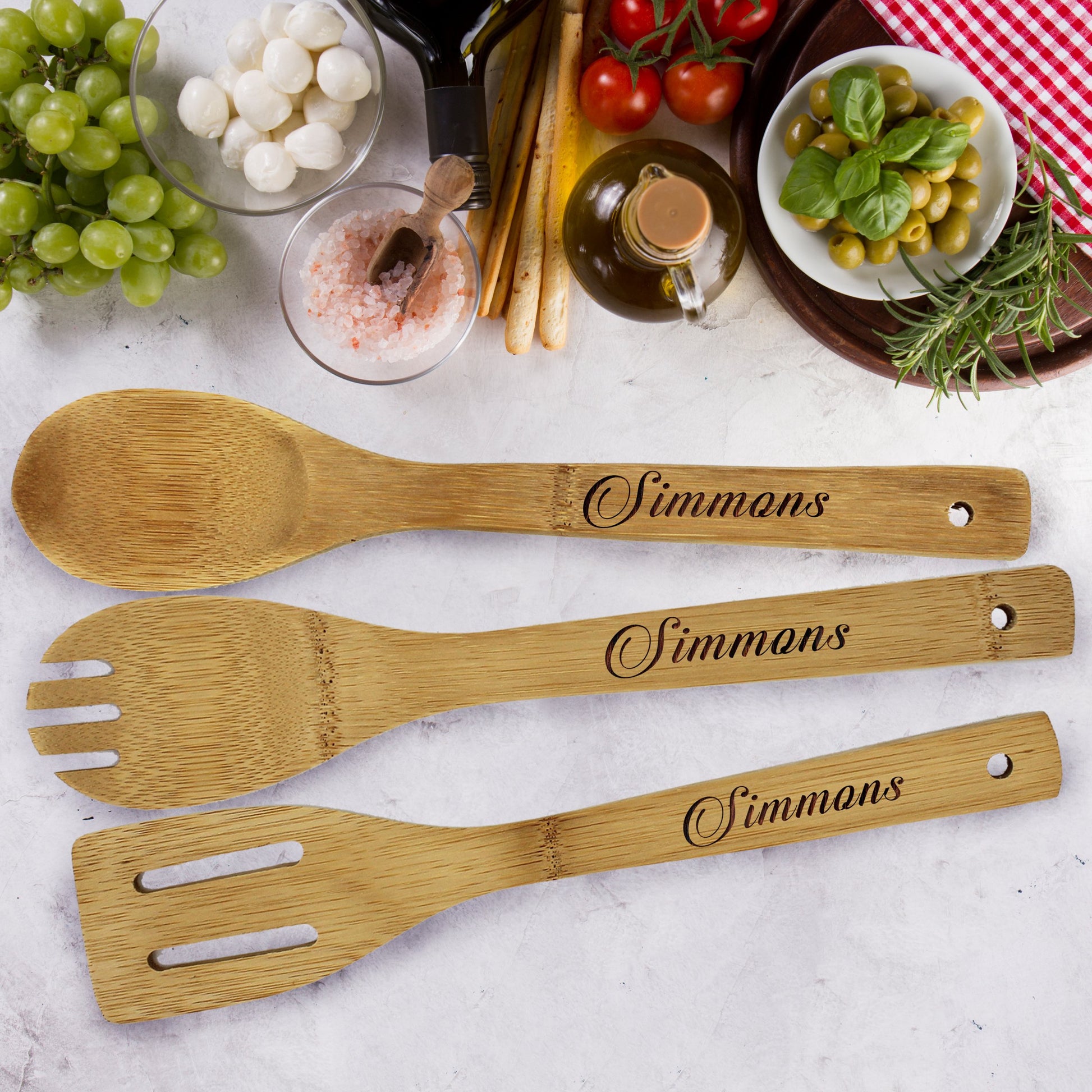 Custom Personalized Wooden Bamboo Kitchen Utensil Set - Engraved Spoon, Spatula, Spork - Housewarming Couples Gifts - WoodArtSupply