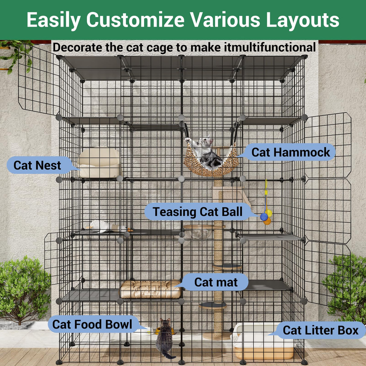 LotFun Large Cat Cage, 5-Tier DIY Catio Outdoor Cat Enclosure, Cat House with 5 Door 12 Jumping Platforms Hammock, Detachable Patio Cat Crate Ideal for 1-4 Cats LotFun