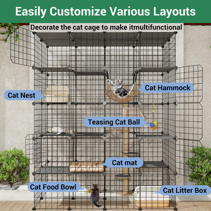 LotFun Large Cat Cage, 5-Tier DIY Catio Outdoor Cat Enclosure, Cat House with 5 Door 12 Jumping Platforms Hammock, Detachable Patio Cat Crate Ideal for 1-4 Cats