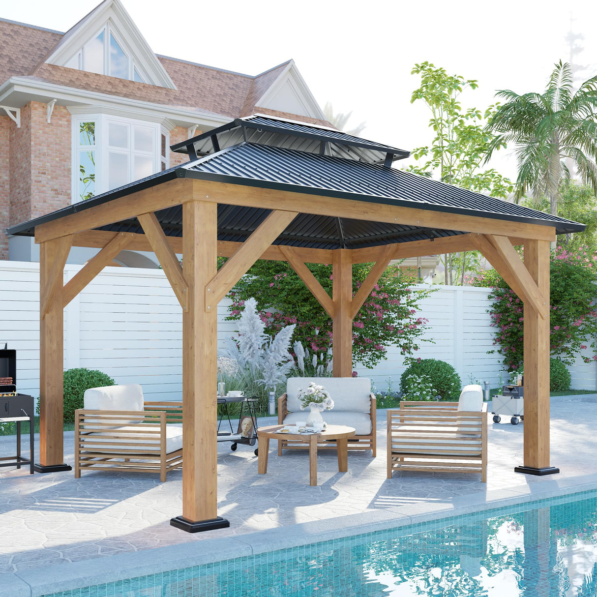 AMERLIFE 10x12 Wood Gazebo, Hardtop Gazebo with Aluminum Double Roof, Outdoor Gazebo with Wood Frame for Parties, Backyard, Lawns, Patio, Black + Natural Wood AMERLIFE