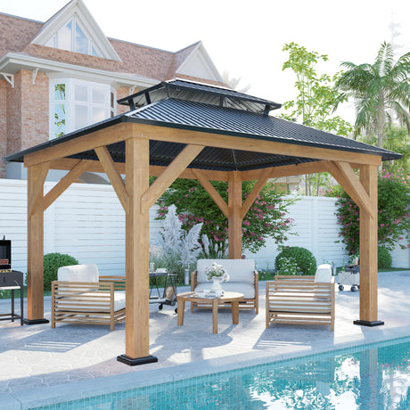 AMERLIFE 10x12 Wood Gazebo, Hardtop Gazebo with Aluminum Double Roof, Outdoor Gazebo with Wood Frame for Parties, Backyard, Lawns, Patio, Black + Natural Wood AMERLIFE