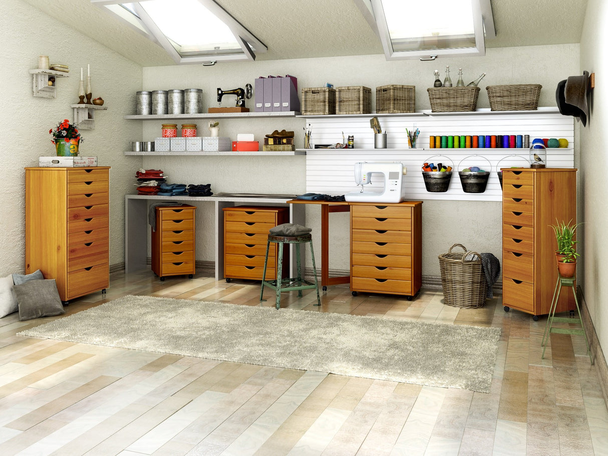 Adeptus Original Roll Cart, Solid Wood, 6+2 Drawer Extra Wide Drawers Roll Carts, Medium Pine ADEPTUS