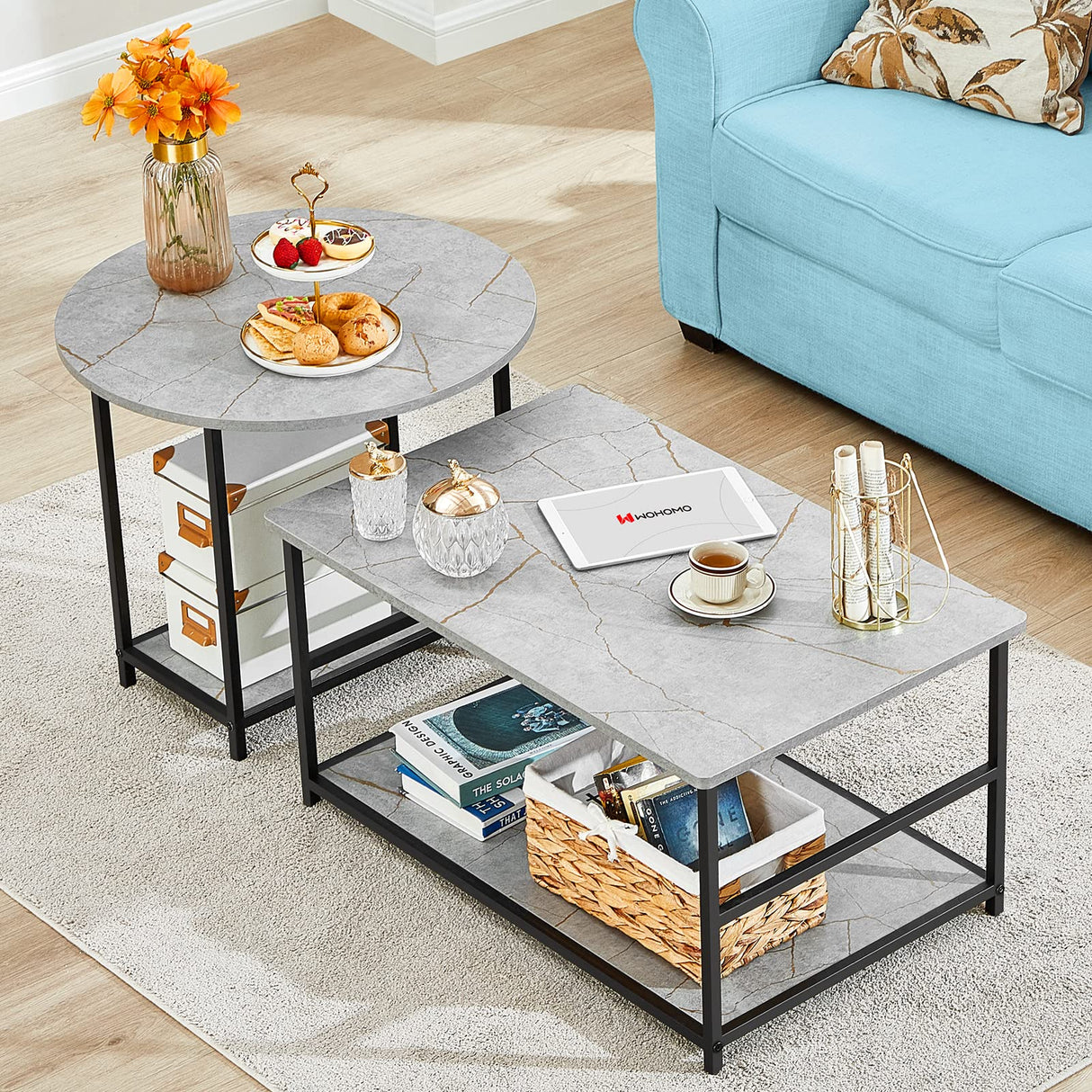 WOHOMO Coffee Table, Modern Style Coffee Tables for Living Room Marble Center Table with Storage 2 in 1Detachable Table Set,Grey Marble WOHOMO