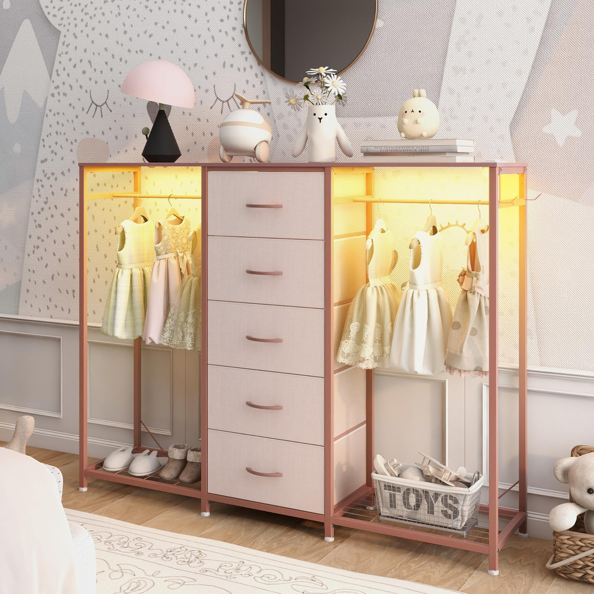 Espelism Dresser for Bedroom with Clothes Rack 5 Drawer Dresser with Charging Station LED Lights White Chest of Drawers Flexible Shelf and Open Storage Space for Bedroom Living Room (Pink) Espelism